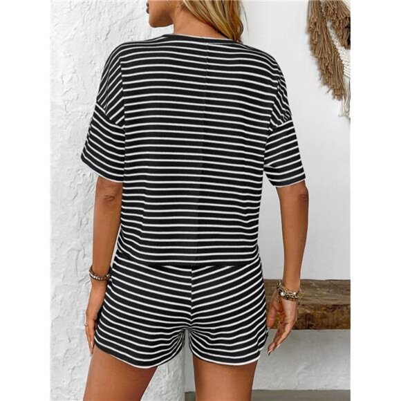 Striped Round Neck Short Sleeve Top and Shorts Set - Picture 13 of 16